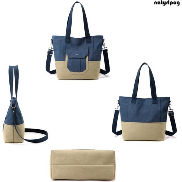 Canvas Tote Bag for Women Small Handbag with Zipper Shoulder - Picture 2 of 6